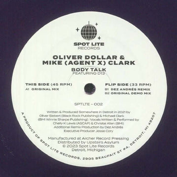 Oliver Dollar / Mike Agent X Clark - Body Talk - Artists Oliver Dollar / Mike Agent X Clark Genre Soulful House, Deep House Release Date 26 May 2023 Cat No. SPLTE 002 Format 12