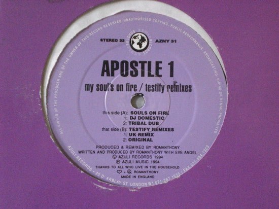 Apostle 1 - My Soul's On Fire / Testify Remixes Vinyl