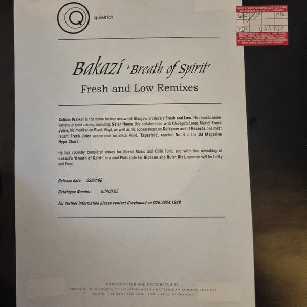 Bakazi - Breath Of Spirit (Fresh Juice Remixes) Vinyl