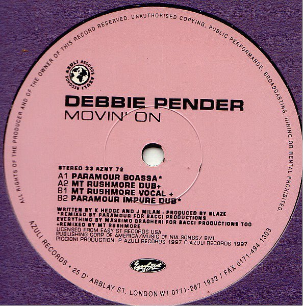 Debbie Pender - Movin' On (Paramour / Mt Rushmore Mixes) Vinyl