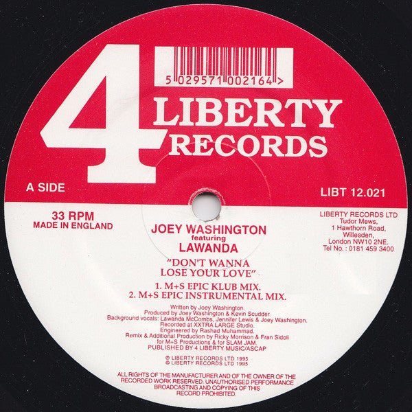Joey Washington Featuring Lawanda - Don't Wanna Lose Your Love Vinyl