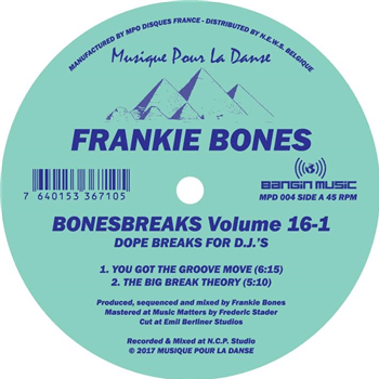Frankie Bones ‎– Bonesbreaks Volume 16-1 - Artists Frankie Bones Genre Techno, Breakbeat Release Date 24 December 2021 Cat No. MPD004 Format 12