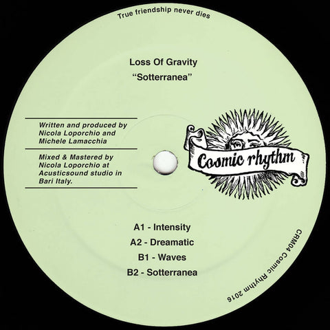 Loss Of Gravity ‎– Sotterranea (Vinyl) at ColdCutsHotWax - Loss Of Gravity ‎– Sotterranea (Vinyl) at ColdCutsHotWax Label: Cosmic Rhythm ‎– CRM04 Format: Vinyl, 12" Country: Italy Released: 13 Feb 2017 Genre: Electronic Style: Deep House - Cosmic Rhythm - - Vinyl Record
