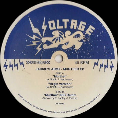 Jackie's Army - 'Murther' Vinyl - Artists Jackie's Army Genre UK Garage, Dub Release Date 5 Dec 2003 Cat No. VLT-006 Format 12" Vinyl - Voltage Music - Voltage Music - Voltage Music - Voltage Music - Vinyl Record