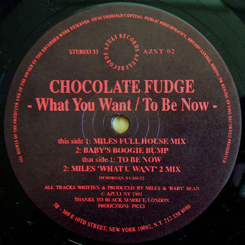 Chocolate Fudge : What You Want / To Be Now (12") is available for sale at our shop at a great price. We have a huge collection of Vinyl's, CD's, Cassettes & other formats available for sale for music lovers - Vinyl Record