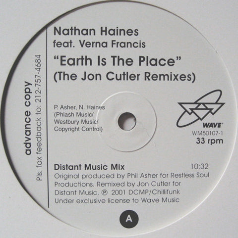 Nathan Haines Feat Verna Francis : Earth Is The Place (Jon Cutler Remixes) (12", Promo) - Vinyl Record