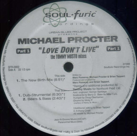 Urban Blues Project Presents Michael Procter : Love Don't Live (Part 1) (The Tommy Musto Mixes) (12") is available for sale at our shop at a great price. We have a huge collection of Vinyl's, CD's, Cassettes & other formats available for sale for music lo - Vinyl Record