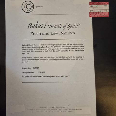 Bakazi : Breath Of Spirit (Fresh Juice Remixes) (12", W/Lbl, Sti) - Vinyl Record