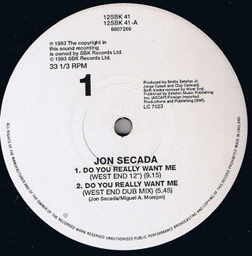 Jon Secada : Do You Really Want Me (Todd Terry & West End Mixes) (12