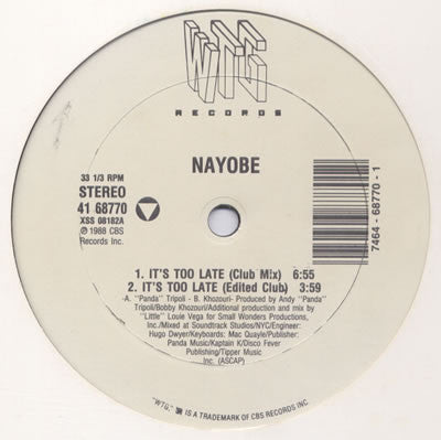 Nayobe : It's Too Late (12") - Vinyl Record