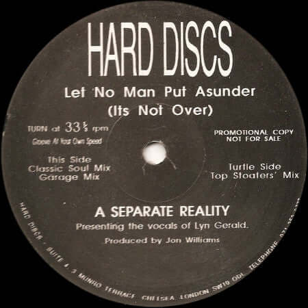 A Separate Reality : Let No Man Put Asunder (It's Not Over) (12", Promo) is available for sale at our shop at a great price. We have a huge collection of Vinyl's, CD's, Cassettes & other formats available for sale for music lovers - Vinyl Record