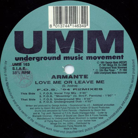 Armante : Love Me Or Leave Me (F.O.S. '94 Remixes) (12") - Vinyl Record