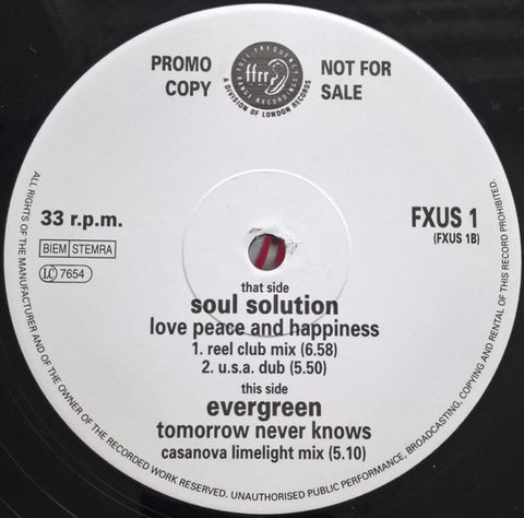 Soul Solution / Evergreen (32) : Love, Peace And Happiness / Tomorrow Never Knows (12", Promo) - Vinyl Record