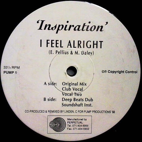 Inspiration : I Feel Alright (12") is available for sale at our shop at a great price. We have a huge collection of Vinyl's, CD's, Cassettes & other formats available for sale for music lovers - Vinyl Record