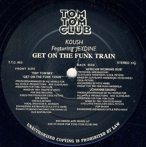 Koush Featuring Jeydine : Get On The Funk Train (12") is available for sale at our shop at a great price. We have a huge collection of Vinyl's, CD's, Cassettes & other formats available for sale for music lovers - Vinyl Record