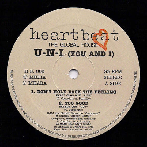 U-N-I (You And I) : Don't Hold Back The Feeling (12") is available for sale at our shop at a great price. We have a huge collection of Vinyl's, CD's, Cassettes & other formats available for sale for music lovers - Vinyl Record