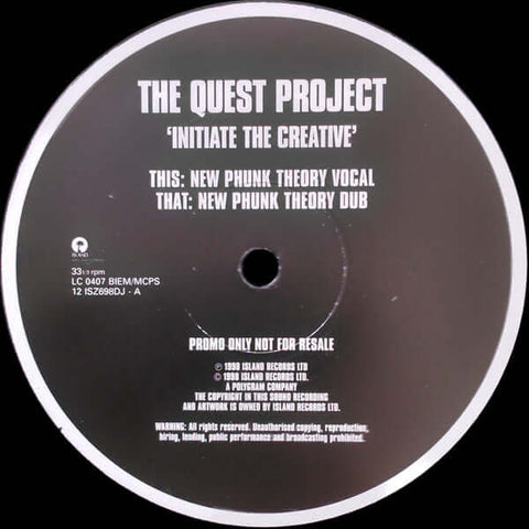 The Quest Project : Initiate The Creative (New Phunk Theory Remixes) (12", Promo) is available for sale at our shop at a great price. We have a huge collection of Vinyl's, CD's, Cassettes & other formats available for sale for music lovers - Vinyl Record