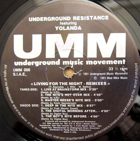 Underground Resistance Featuring Yolanda* : Living For The Night (Remixes) (12") is available for sale at our shop at a great price. We have a huge collection of Vinyl's, CD's, Cassettes & other formats available for sale for music lovers - Vinyl Record