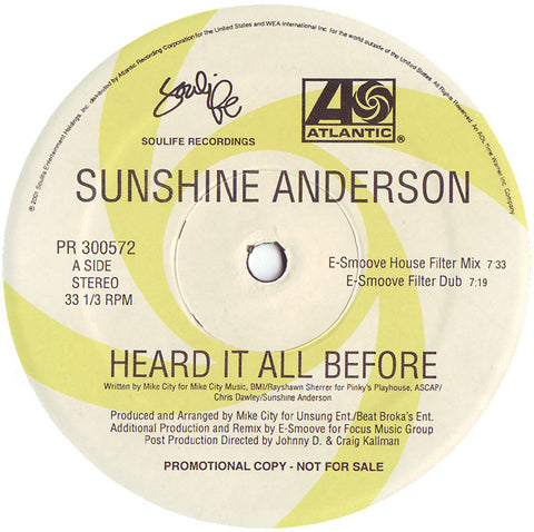 Sunshine Anderson : Heard It All Before (Dance Remixes) (12", Promo) - Vinyl Record