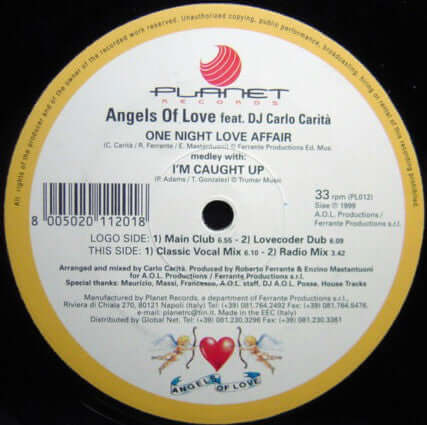 Angels Of Love Feat DJ Carlo Carità* : One Night Love Affair (Medley With I'm Caught Up) (12") is available for sale at our shop at a great price. We have a huge collection of Vinyl's, CD's, Cassettes & other formats available for sale for music lovers - Vinyl Record