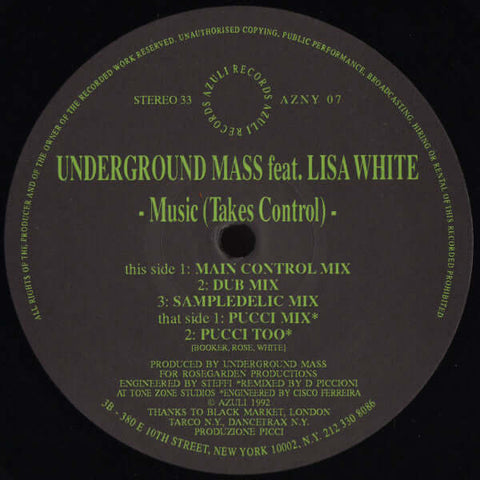 Underground Mass Feat. Lisa White : Music (Takes Control) (12") is available for sale at our shop at a great price. We have a huge collection of Vinyl's, CD's, Cassettes & other formats available for sale for music lovers - Vinyl Record