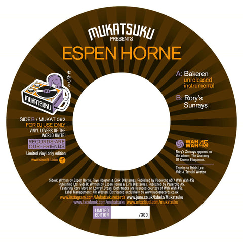Espen Horne - Bakeren / Rory's Sunrays - Artists Espen Horne Style Acid Jazz Release Date 1 Mar 2024 Cat No. MUKAT092 Format 7" Vinyl - Mukatsuku - Mukatsuku - Mukatsuku - Mukatsuku - Vinyl Record
