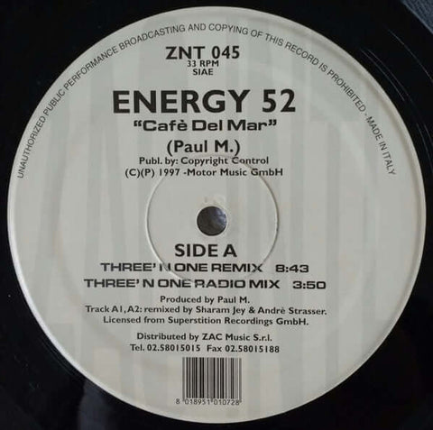 Energy 52 - Cafe Del Mar - Artists Energy 52 Genre Trance Release Date 1 Jan 1997 Cat No. ZNT 045 Format 12" Vinyl - Zac International - Zac International - Zac International - Zac International - Vinyl Record