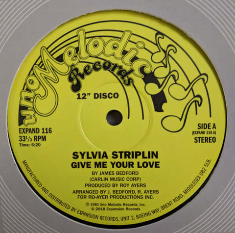 Sylvia Striplin - Give Me Your Love / You Can't Turn Me Away - Artists Sylvia Striplin Style Soul, Disco Release Date 1 Jan 2018 Cat No. EXPAND116 Format 12" Vinyl - Sylvia Striplin - Give Me Your Love / You Can't Turn Me Away - Expansion - Expansion - Vinyl Record