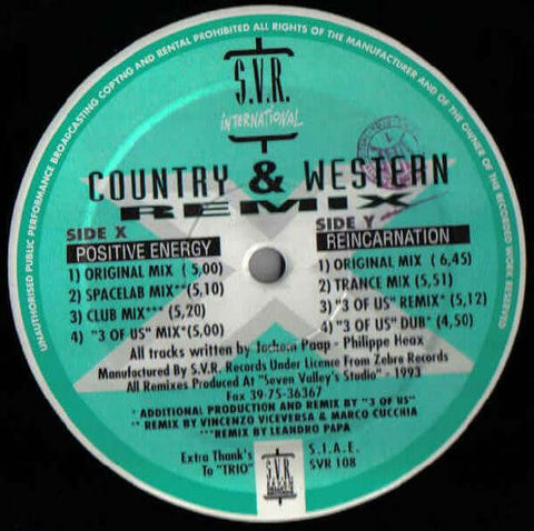 Country & Western - Reincarnation / Positive Energy (Remixes) - Artists Country & Western Genre Trance, Progressive House Release Date 1 Jan 1993 Cat No. SVR 108 Format 12" Vinyl - S.V.R. International - S.V.R. International - S.V.R. International - S.V.R - Vinyl Record
