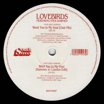 Lovebirds - Want You In My Soul - Artists Lovebirds Genre Soulful House, Deep House Release Date 1 Jan 2020 Cat No. SOUTH007 Format 12