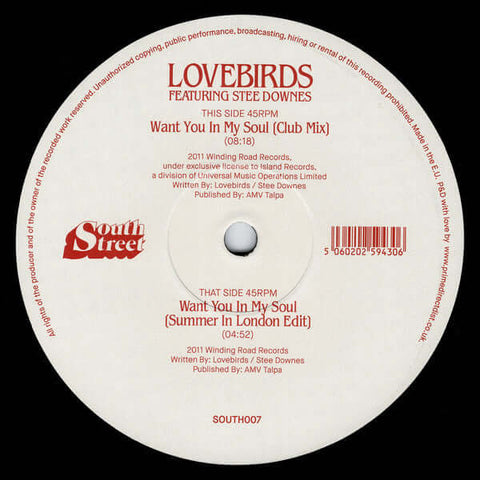 Lovebirds - Want You In My Soul - Artists Lovebirds Genre Soulful House, Deep House Release Date 1 Jan 2020 Cat No. SOUTH007 Format 12" Vinyl - South Street - South Street - South Street - South Street - Vinyl Record