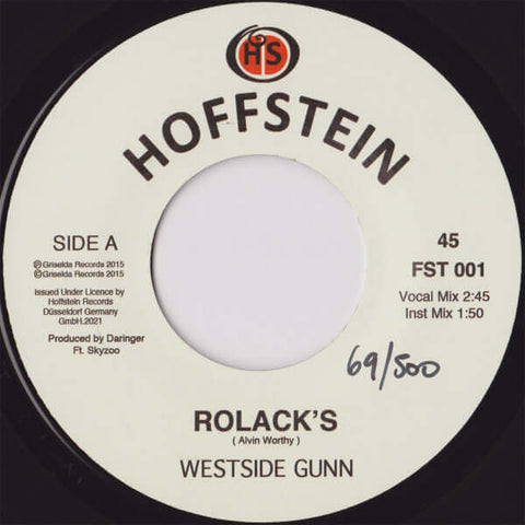 Westside Gunn - Rolack's (Numbered) - Artists Westside Gunn Genre Hip Hop, Rap Release Date 3 Dec 2021 Cat No. FST 001 Format 7" Vinyl, Numbered (179/500), Ltd. to 500 Copies - Hoffstein - Hoffstein - Hoffstein - Hoffstein - Vinyl Record