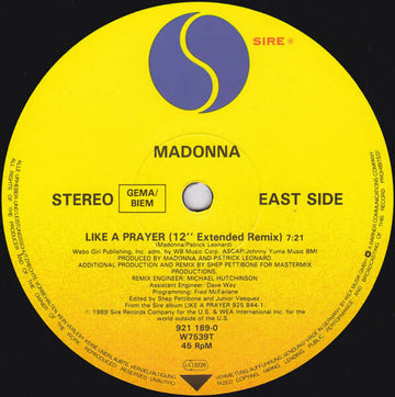 Madonna - Like A Prayer - Artists Madonna Genre Pop, Disco Release Date 1 Jan 1989 Cat No. W 7539 T Format 12