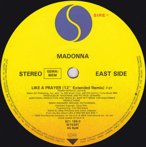 Madonna - Like A Prayer - Artists Madonna Genre Pop, Disco Release Date 1 Jan 1989 Cat No. W 7539 T Format 12" Vinyl - Sire - Sire - Sire - Sire - Vinyl Record