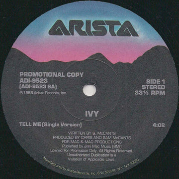 Ivy - Tell Me - Artists Ivy Genre Soul Release Date 1 Jan 1986 Cat No. AD1-9523 Format 12