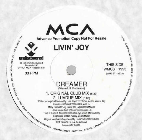 Livin Joy - Dreamer - Artists Livin Joy Genre House Release Date 1 Jan 1994 Cat No. WMCST 1993 Format 2 x 12" Vinyl - MCA Records - MCA Records - MCA Records - MCA Records - Vinyl Record