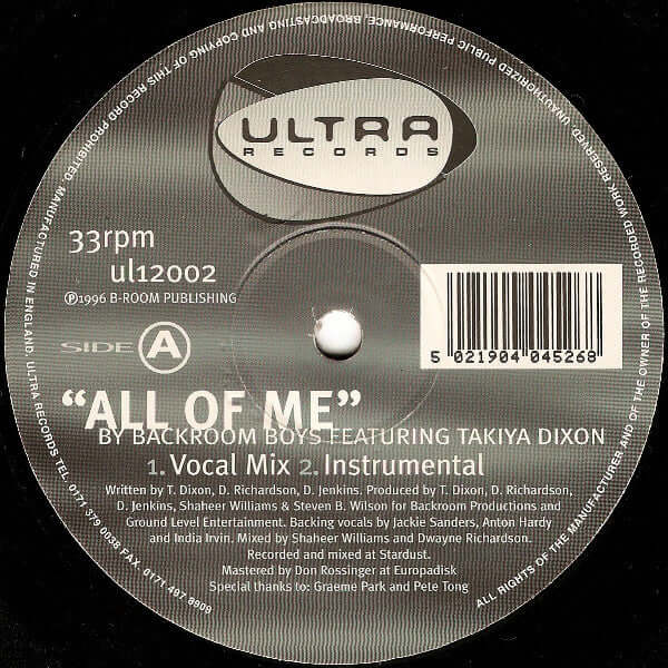 Backroom Boys Featuring Takiya Dixon - All Of Me Vinyl