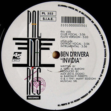 Ben D'Rivera - Invidia Vinyl Vinly Record