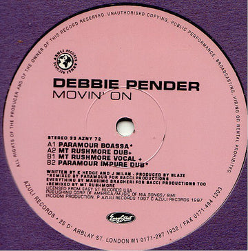 Debbie Pender - Movin' On (Paramour / Mt Rushmore Mixes) Vinyl Vinly Record