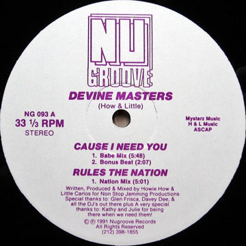 Devine Masters - Cause I Need You Vinyl Vinly Record