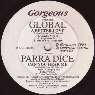 Global / Parra Dice - A Better Love / Can You Hear Me Vinyl Vinly Record