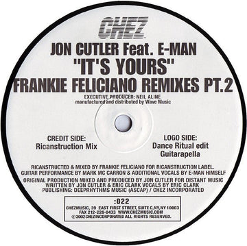 Jon Cutler Feat. E - Man - It's Yours (Frankie Feliciano Remixes Pt. 2) Vinyl Vinly Record
