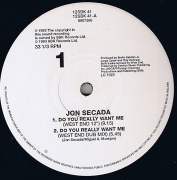 Jon Secada - Do You Really Want Me (Todd Terry & West End Mixes) Vinyl Vinly Record