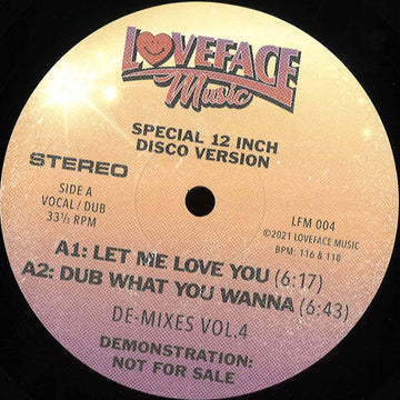 Loveface - De-mixes: Vol 4 - Artists Loveface Genre Disco, Boogie Release Date 1 Jan 2021 Cat No. LFM004 Format 12