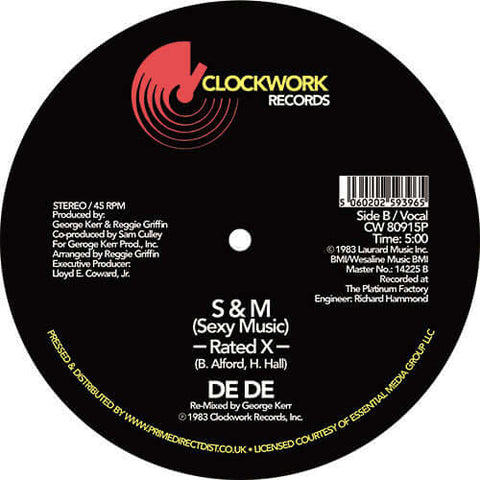 De De - S & M (Sexy Music) - Artists De De Genre Disco, Boogie, Reissue Release Date 1 Jan 2019 Cat No. CW80915P Format 12" Vinyl - Clockwork Records - Clockwork Records - Clockwork Records - Clockwork Records - Vinyl Record