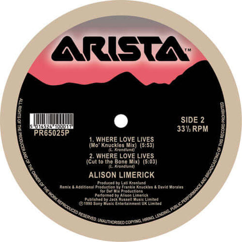 Alison Limerick - Where Love Lives - Artists Alison Limerick Genre Garage House, Reissue Release Date 1 Jan 2019 Cat No. PR65025P Format 12" Vinyl - Arista - Arista - Arista - Arista - Vinyl Record