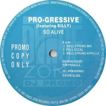 Pro - Gressive Featuring Billy - So Alive Vinyl Vinly Record