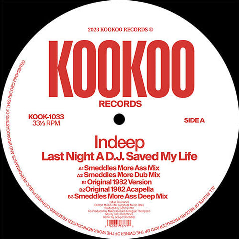 Indeep - Last Night A DJ Saved My Life - Remixes - Artists Indeep Genre Disco Edits Release Date 24 Nov 2023 Cat No. KOOK1033 Format 12" Vinyl - KOOKOO RECORDS - KOOKOO RECORDS - KOOKOO RECORDS - KOOKOO RECORDS - Vinyl Record