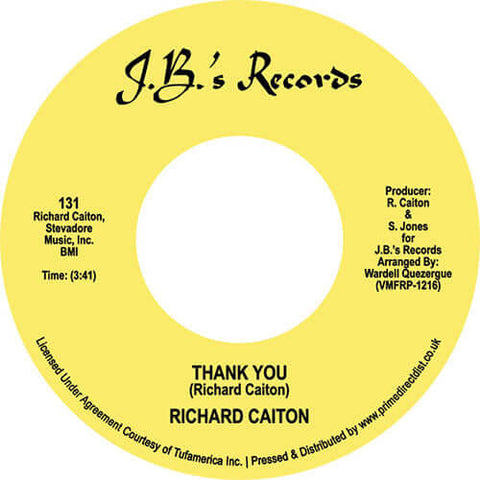 Richard Caiton - Thank You / Where Is The Love - Artists Richard Caiton Genre Soul, Reissue Release Date 1 Jan 2023 Cat No. 131 Format 7" Vinyl - JB's Records - JB's Records - JB's Records - JB's Records - Vinyl Record