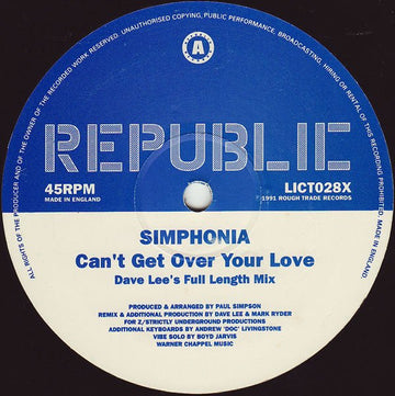 Simphonia - Can't Get Over Your Love Vinyl Vinly Record